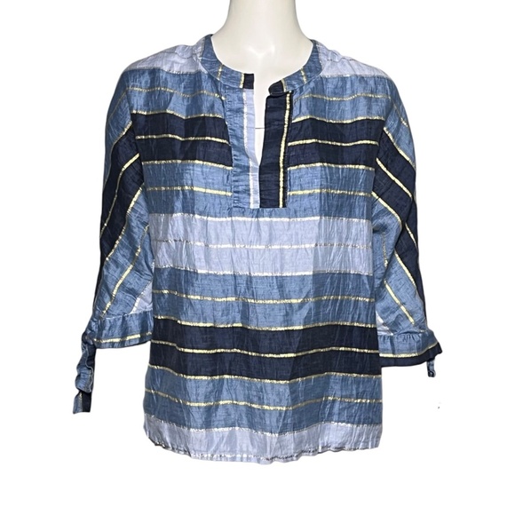 Vilagallo Blue Metallic Linen Blend Top Made In Portugal Blouse Size 42, US M/8 - Picture 9 of 9